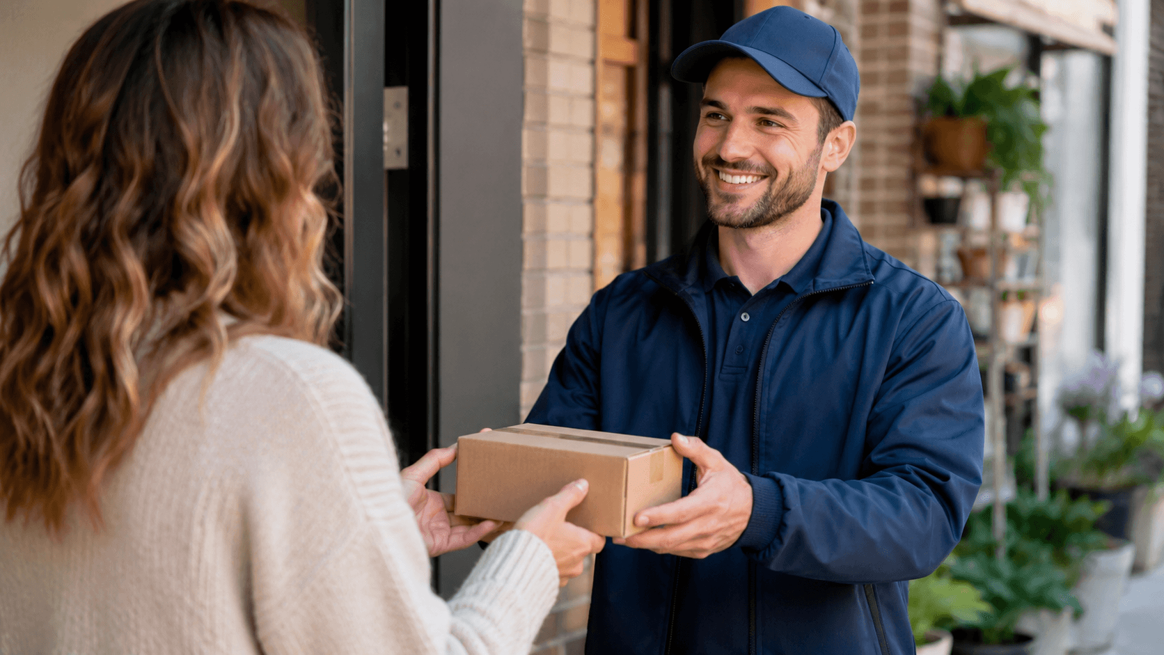 A local courier handing an eligible small parcel to a customer